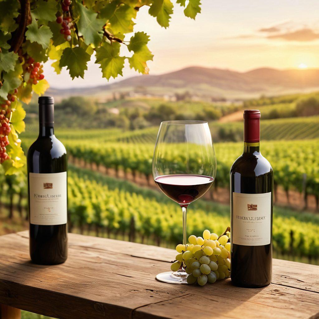A sophisticated sommelier holds a perfectly aged wine bottle in one hand and a crystal wine glass in the other, surrounded by lush grapevines at sunset. The image captures the rich colors of various wine bottles and a rustic wooden table setting. Soft, warm lighting adds an inviting ambiance, while hints of swirling wine are visible in the glass, symbolizing depth and complexity. The background reveals rolling hills of vineyards, creating an idyllic atmosphere of wine tasting. hyper-realistic. warm tones. soft focus.
