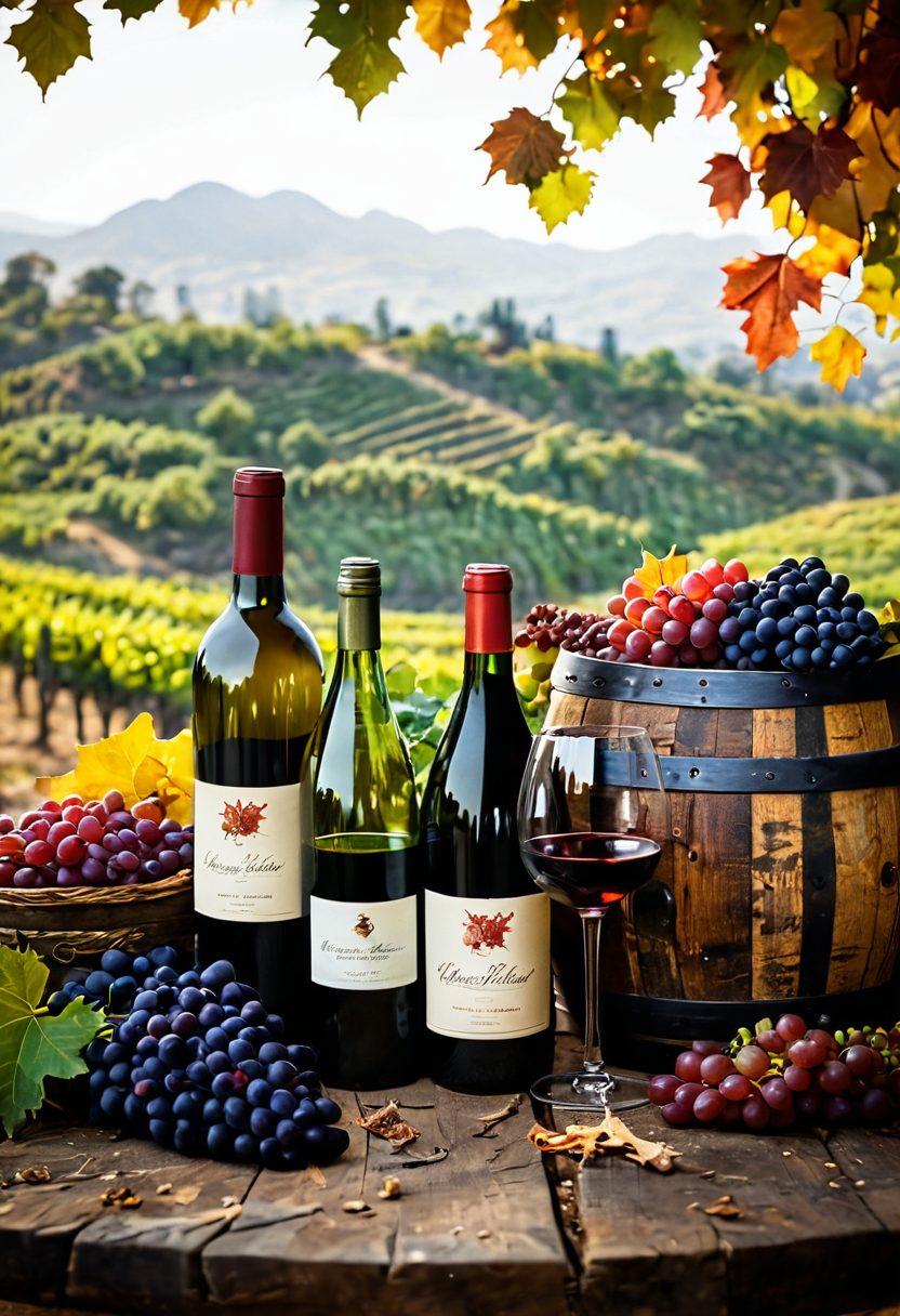 A beautifully arranged table featuring a variety of wine bottles and glasses, surrounded by lush grapevines and a rustic vineyard backdrop. Display intricate details of the fermentation process with vintage barrels and clusters of grapes. Incorporate warm, inviting lighting that suggests a celebratory atmosphere, with a hint of autumn leaves scattered in the foreground. Capture the essence of joy and sophistication in wine tasting. super-realistic. vibrant colors. rustic style.