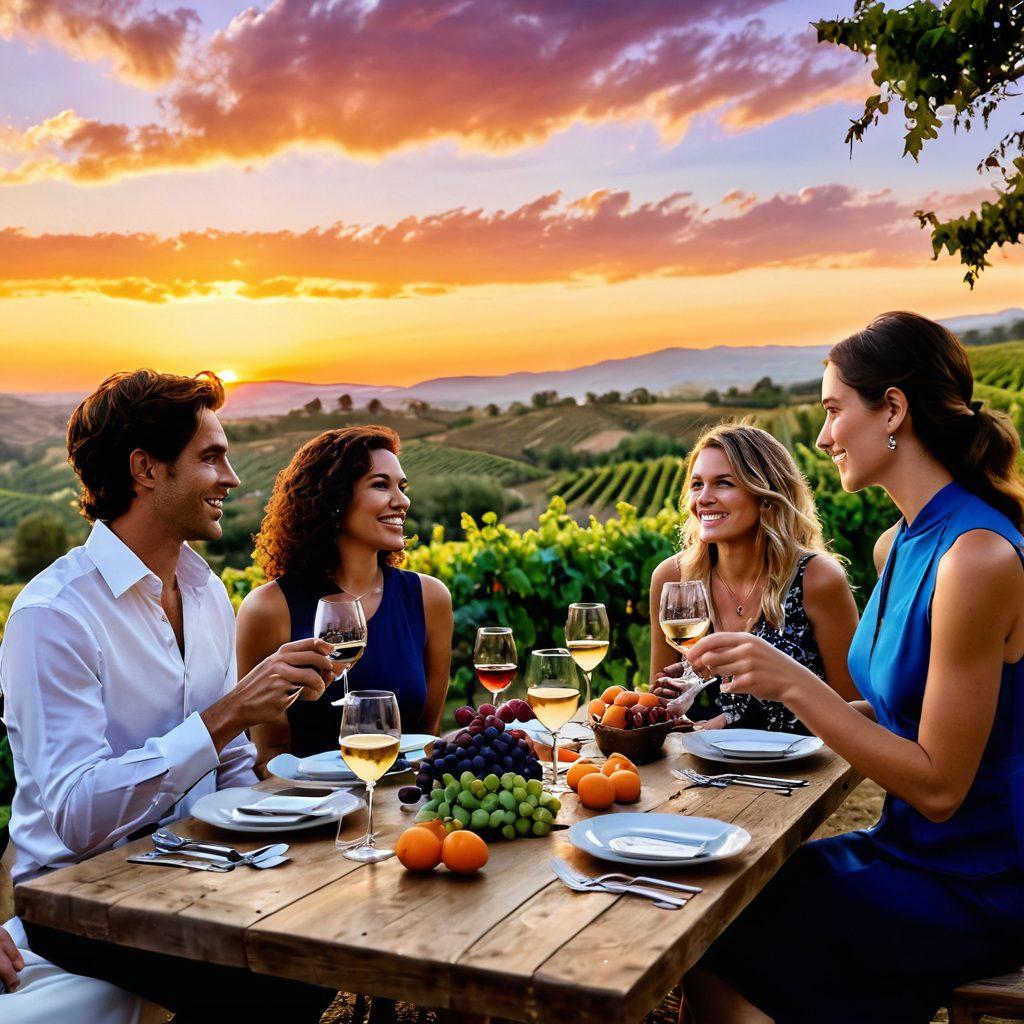 A lively outdoor wine tasting scene featuring elegantly set tables with assorted wines in crystal glasses, paired gourmet dishes arranged artistically. A diverse group of people joyfully engaging in conversation, surrounded by lush vineyards and a scenic sunset in the background. Emphasize the colors of the wine, the delicious food, and the joyful expressions. super-realistic. vibrant colors. sunset ambiance.